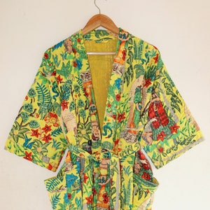 Block print Kantha Robe, Kantha Jacket, handmade Frida Floral Print kantha jacket, Japanese style kantha robe, winter jacket