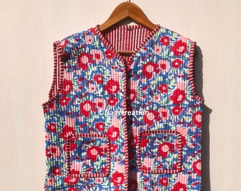 Handblock-Baumwollblumenjacken, indischer Baumwollhandgemachter Jacken-Mantel, Boho-Art-Jacke, Unisex-Kurzjacke gesteppte Jacke Geschenk für sie.