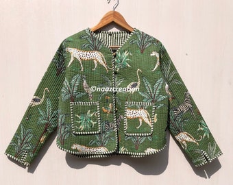 Jungle print Indian Handmade Cotton Quilted Jacket: Printed Boho Women's Coat Gift for her