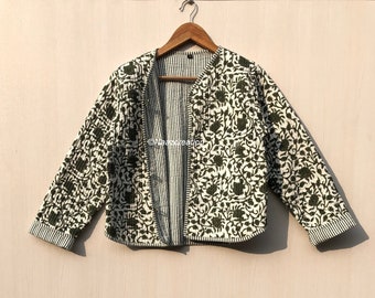 Chaqueta acolchada de algodón para mujer, chaquetas hechas a mano acolchadas estilo boho con estampado en bloque, abrigo, regalos de vacaciones, chaqueta más cercana con botones para regalos de mujer