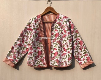 Indian Hand Block Print Fabric Quilted Jacket Short kimono Women Wear New Style white Flower Coat gift for her.