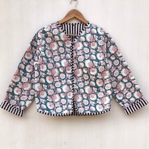 Women&#39;s Cotton Quilted Jacket Block Printed Boho Style Quilted Handmade Jackets, Coat Holidays Gifts Button Closer Jacket for Women Gifts
