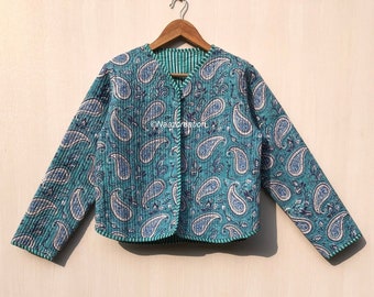 Paisely Print Hand Block Print Fabric Quilted Jacket Short kimono Women Wear New Style white Flower Coat gift for her.