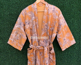 Block print Kantha Robe, Kantha Jacket, handmade Floral Print kantha jacket, Japanese style kantha robe, winter jacket