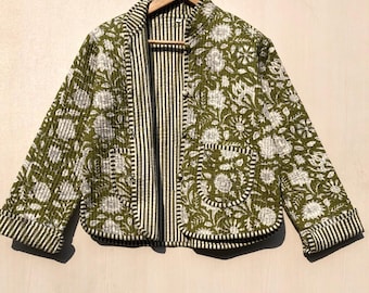 Handmade Indian Cotton Quilted Jacket: Tiger Block Print Boho Coat