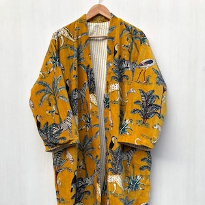 Bird Print Velvet Kimono Robe: Cotton Banyan Fabric, One Size