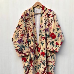 Bird Print Velvet Kimono Robe: Cotton Banyan Duster