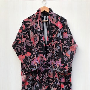 Bird Print Velvet Kimono Robe: Cotton Banyan Fabric, One Size