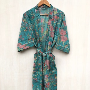 Vestaglie con stampa di uccelli, vestaglia kimono da damigella d'onore, kimono floreale, splendido kimono da sposa, abito floreale indiano, vestaglia floreale indiana, stampa organica