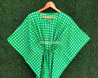 Check Print Cotton Kaftan: Indian Maxi Dress, Beach Cover-Up