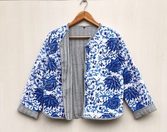 Cotton Women&#39;s Quilted Jacket Block Printed Boho Style Quilted Handmade Jackets, Coat Holidays Gifts Button Closer Jacket for Women Gifts