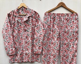 Conjunto de pijama de algodón con estampado de bloques a mano: camisón indio floral