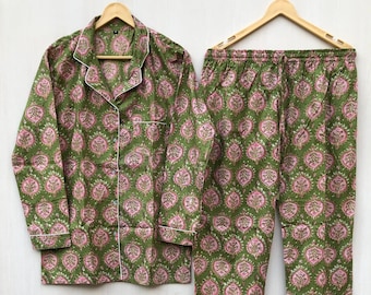 Hand Block Floral Print Cotton Pajamas Set: Indian Night Suit