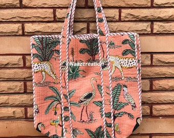 Tiger Print Quilted Cotton Tote Bag: Reversible Boho Shopping Bag