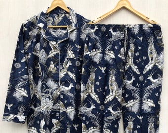 Floral Bird Print Cotton Pajamas Set: Indian Night Suit