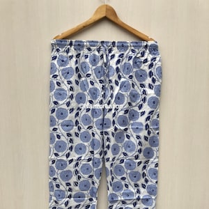 Blue Floral Cotton Harem Pants: Women&#39;s Boho Lounge Trousers