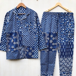 Hand Block  Indigo Print Pajamas, Floral Print Pure Cotton Pj&#39;s, Pajamas Set ,Indian Cotton,Night Wear, Soft Cotton Night Suit- Gift for her