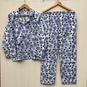 Hand Block Print Pajamas, Floral Pure Cotton Pj&#39;s, Pajamas Set ,Indian Cotton,Night Wear, Soft Cotton Night Suit,Gift for her