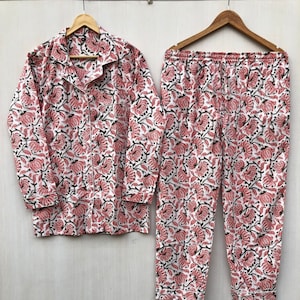 Hand Block Print Pajamas, Floral Pure Cotton Pj&#39;s, Pajamas Set ,Indian Cotton,Night Wear, Soft Cotton Night Suit,Gift for her