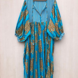 Block Print Cotton Gauze Dress: Turquoise Tiger Stripes