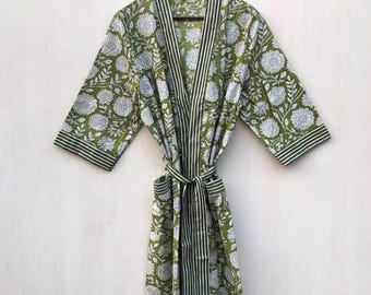 Grüner Handblockdruck-Baumwollkimono-Robe: Leichte Strand-Vertuschung