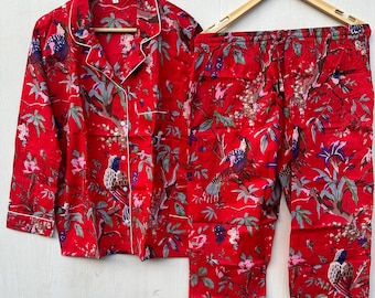 鳥柄コットンパジャマセット：ハンドメイドインド製ナイトスーツ