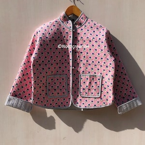 Cotton Women&#39;s Quilted Jacket Block Printed Boho Style Quilted Handmade Jackets, Coat Holidays Gifts Button Closer Jacket for Women Gifts