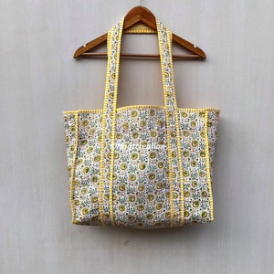 Floral Quilted Cotton Tote Bag: Reversible Yellow Print, Large Shopper
