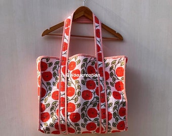 Orange Floral Quilted Tote Bag: Block Print Cotton XL Shopper