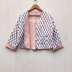 Cotton Women&#39;s Quilted Jacket Block Printed Boho Style Quilted Handmade Jackets, Coat Holidays Gifts Button Closer Jacket for Women Gifts