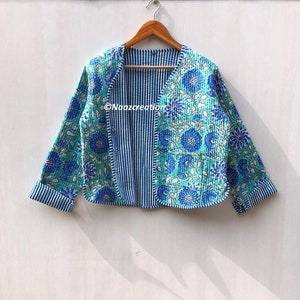 Indian Hand Block Print Fabric Quilted Jacket Short Kimono