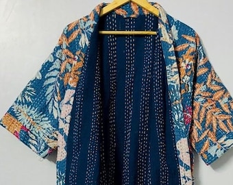 Handmade Floral Print kantha jacket Japanese kimono style Beach wear bohemian kantha robe winter jacket