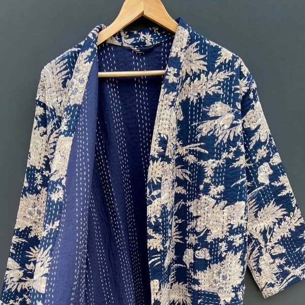 Hand Block Print kantha jacket Japanese kimono style Beach wear bohemian kantha robe winter jacket