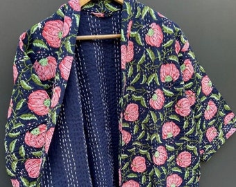 Robe Kantha, veste Kantha, veste kantha à imprimé floral fait main, robe kantha de style japonais, veste d'hiver