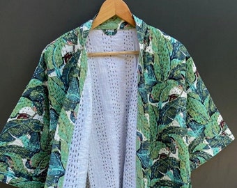 Leaf Floral Print kantha jacket Japanese kimono style Beach wear bohemian kantha robe winter jacket