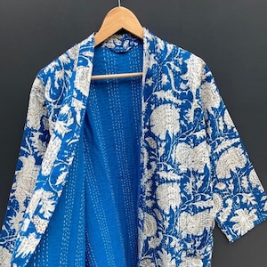 Hand Block Print Kantha Kimono Jacket: Bohemian Beach Robe