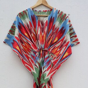Ikat Hand-Printed Cotton Kaftan: Indian Tunic Dress, Beach Cover-Up