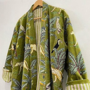 Jungle Print Velvet Kimono Robe: Cotton Banyan Fabric, One Size
