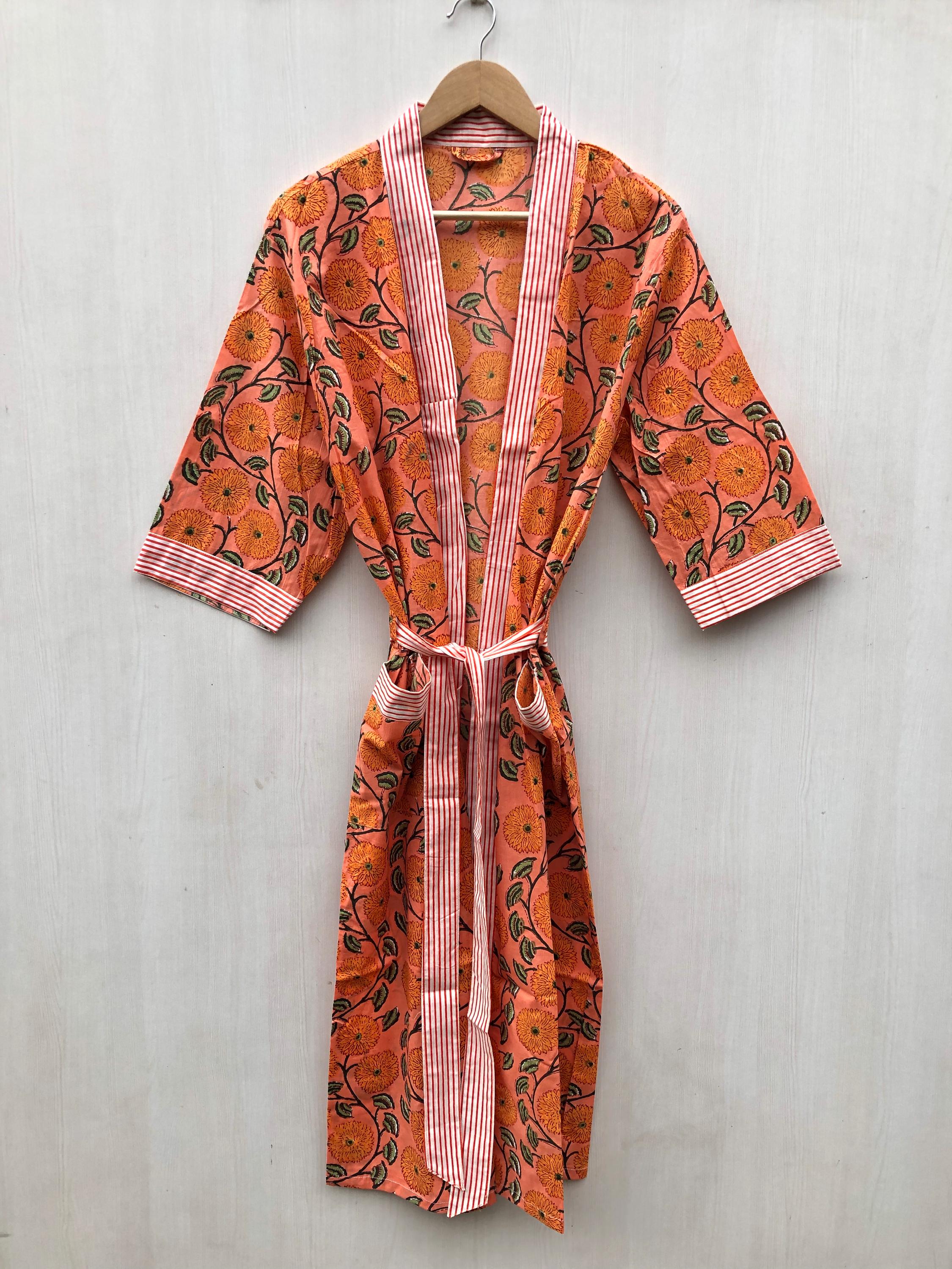 Accappatoio Kimono Lungo In Cotone 100% Per Donna – Stampa Floreale, Legaccio, Made In India
