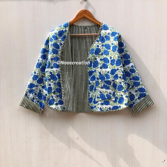 Hand Block Print Quilted Kimono Jacket: Indian Floral Cotton Coat