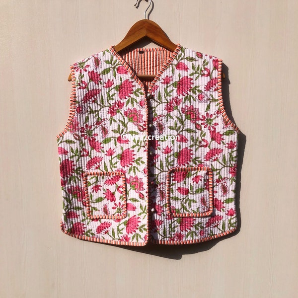 Sleeveless Hand Block cotton floral Jackets, Cotton Handmade Jacket Coat, Bohemian Style Jacket, Unisex Short Quilted jacket Gift for her.