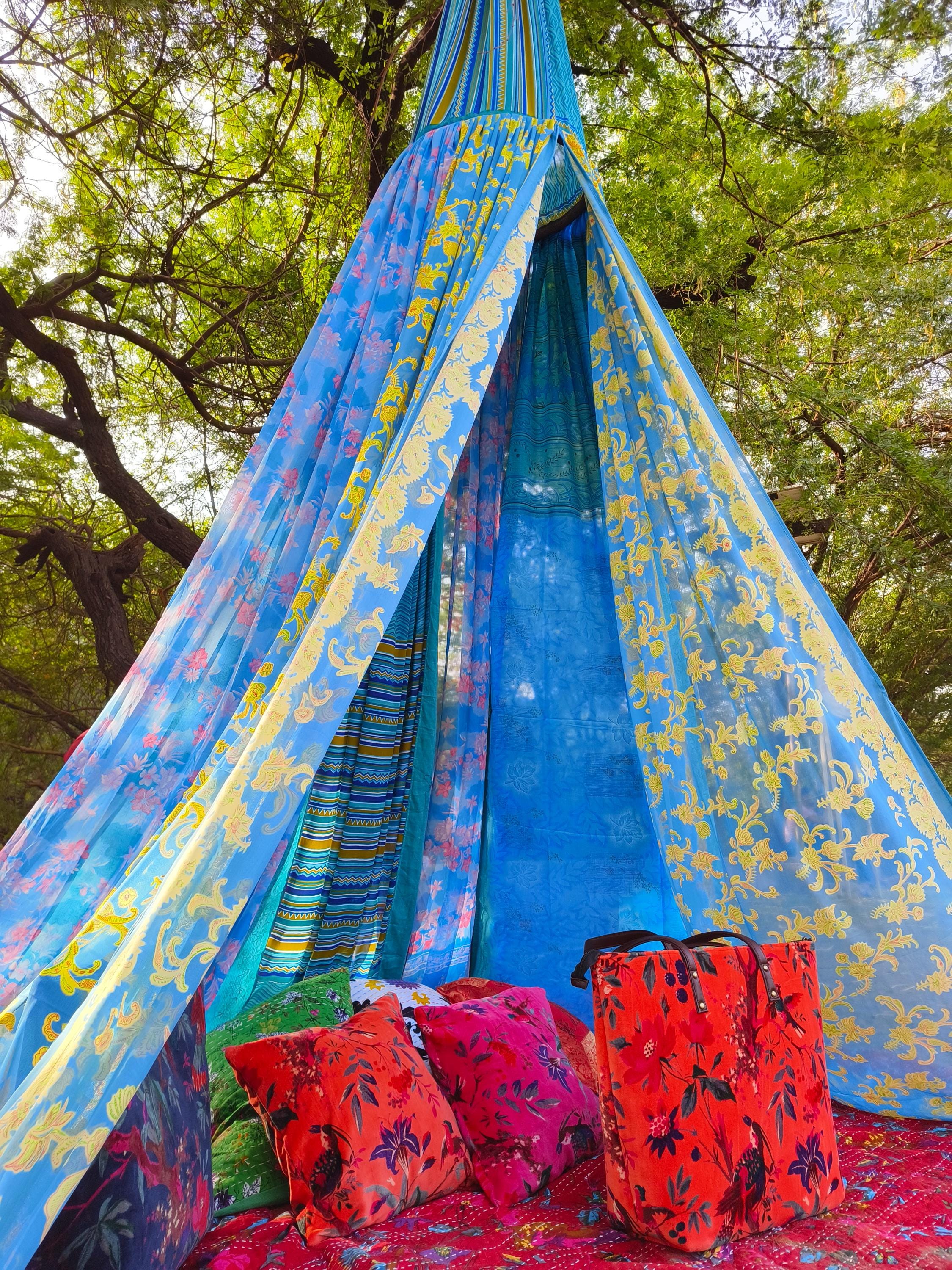Assorted Garden Vintage Sari Canopy - boho hanging tent bohemian wedding backdrop |meditation space floor seating area hippie glamping.
