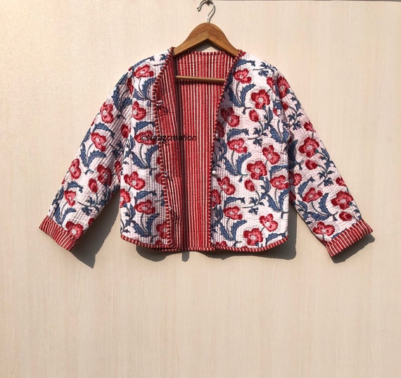 Cotton Women's Quilted Jacket Block Printed Boho Style