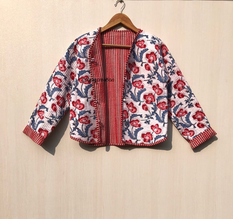 Baumwoll-Damen-Steppjacke, Blockdruck, Boho-Stil, gesteppte, handgefertigte Jacken, Mantel, Feiertage, Geschenke, Knopfschließerjacke für Frauen, Geschenke WITHSLEEVE