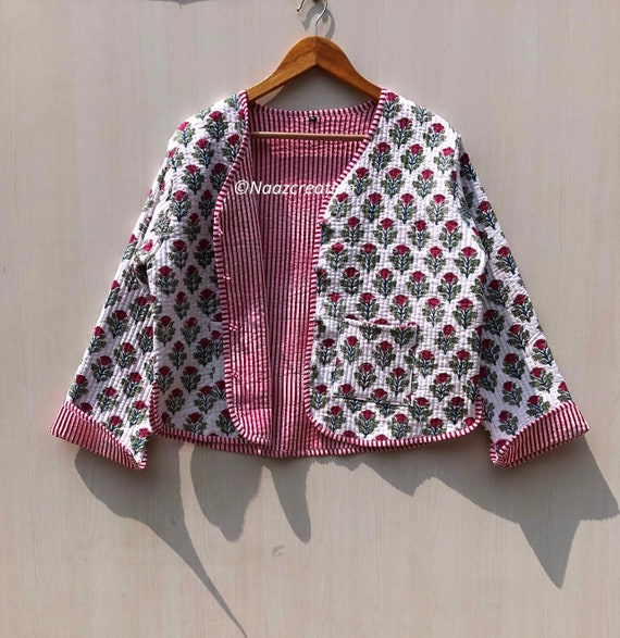 Hand Block Print Quilted Kimono Jacket: Indian Floral Cotton Coat