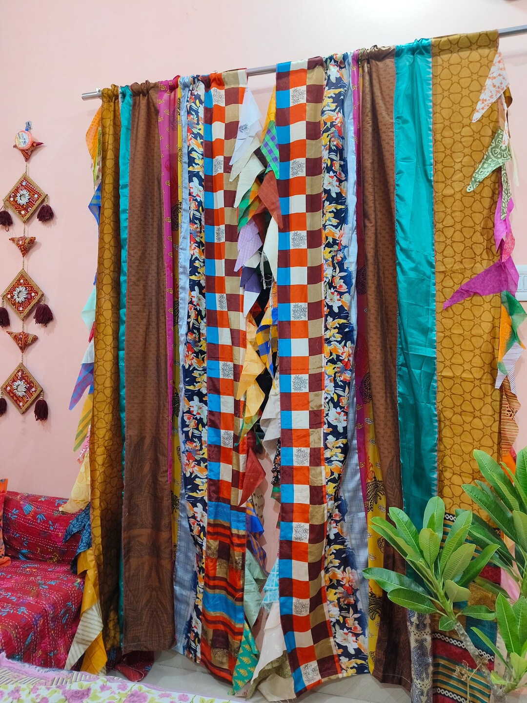 Fringe Sari Curtain: Assorted Colors, Vintage Indian Silk (210 X 105 Cm ...