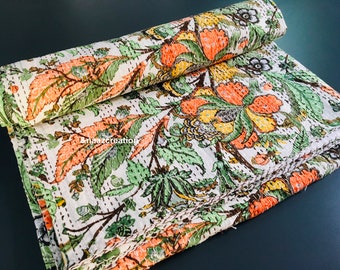 Hand Block Indian Floral Printed Cotton Blanket,Indian Quilts And Bedspreads,Bedding Kantha Throw Cotton Kantha Gudri
