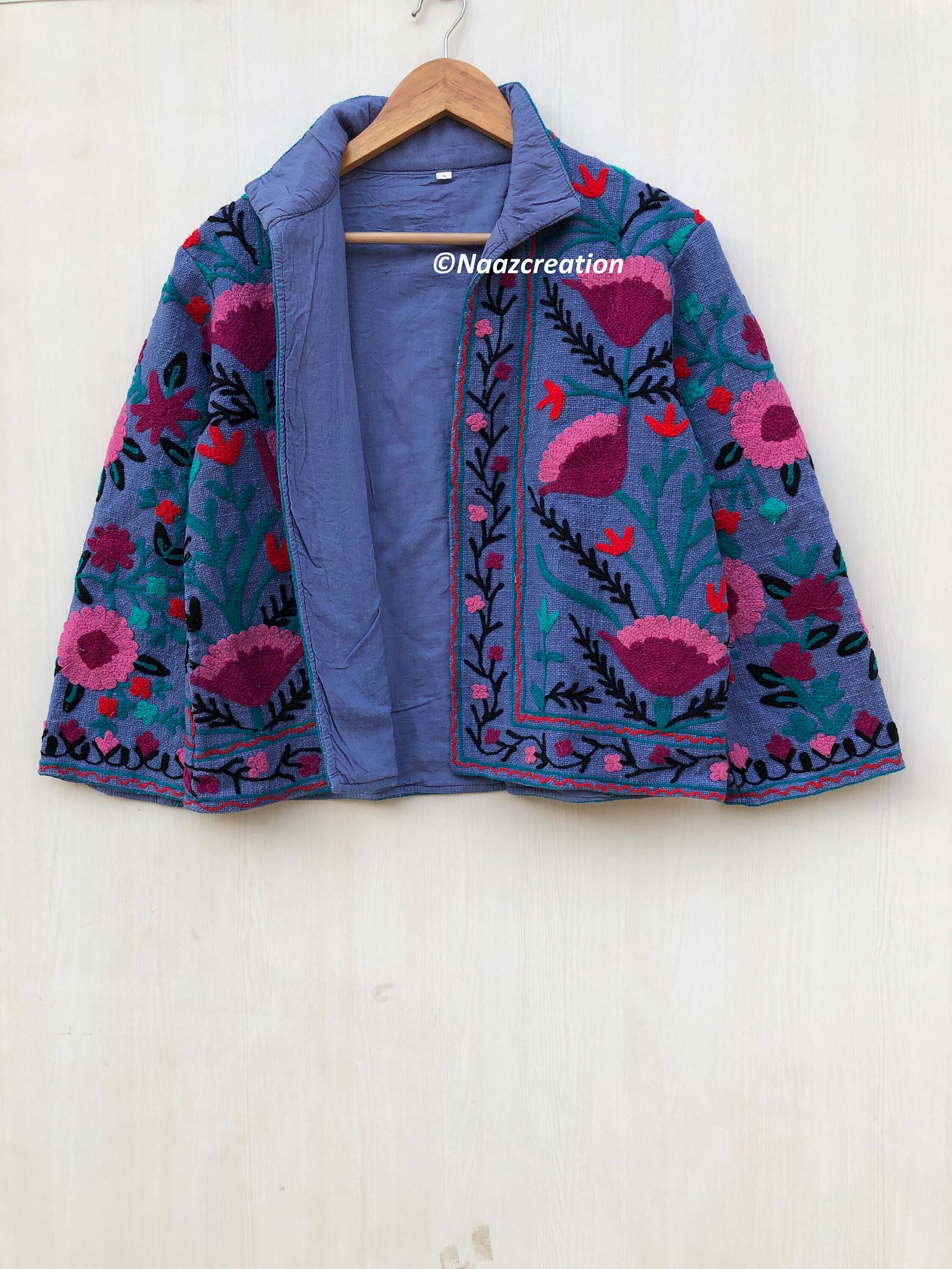 26SS Cording Embroidery Jacket　navy サイズ2 Handmade Suzani Embroidered Cotton Jacket: Dark Blue Floral Coat