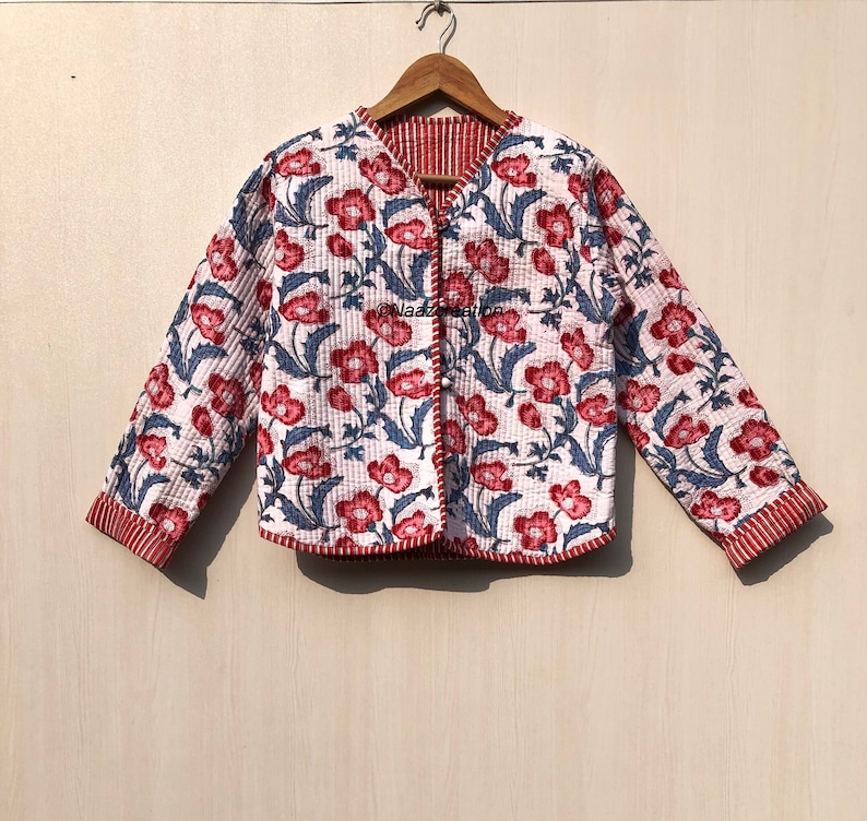 Baumwoll-Damen-Steppjacke, Blockdruck, Boho-Stil, gesteppte, handgefertigte Jacken, Mantel, Feiertage, Geschenke, Knopfschließerjacke für Frauen, Geschenke Bild 4