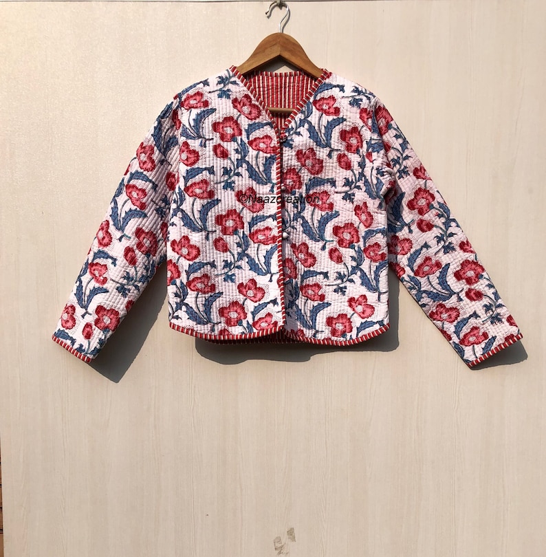 Chaqueta acolchada de algodón para mujer, chaquetas hechas a mano acolchadas estilo boho con estampado en bloque, abrigo, regalos de vacaciones, chaqueta más cercana con botones para regalos de mujer imagen 2